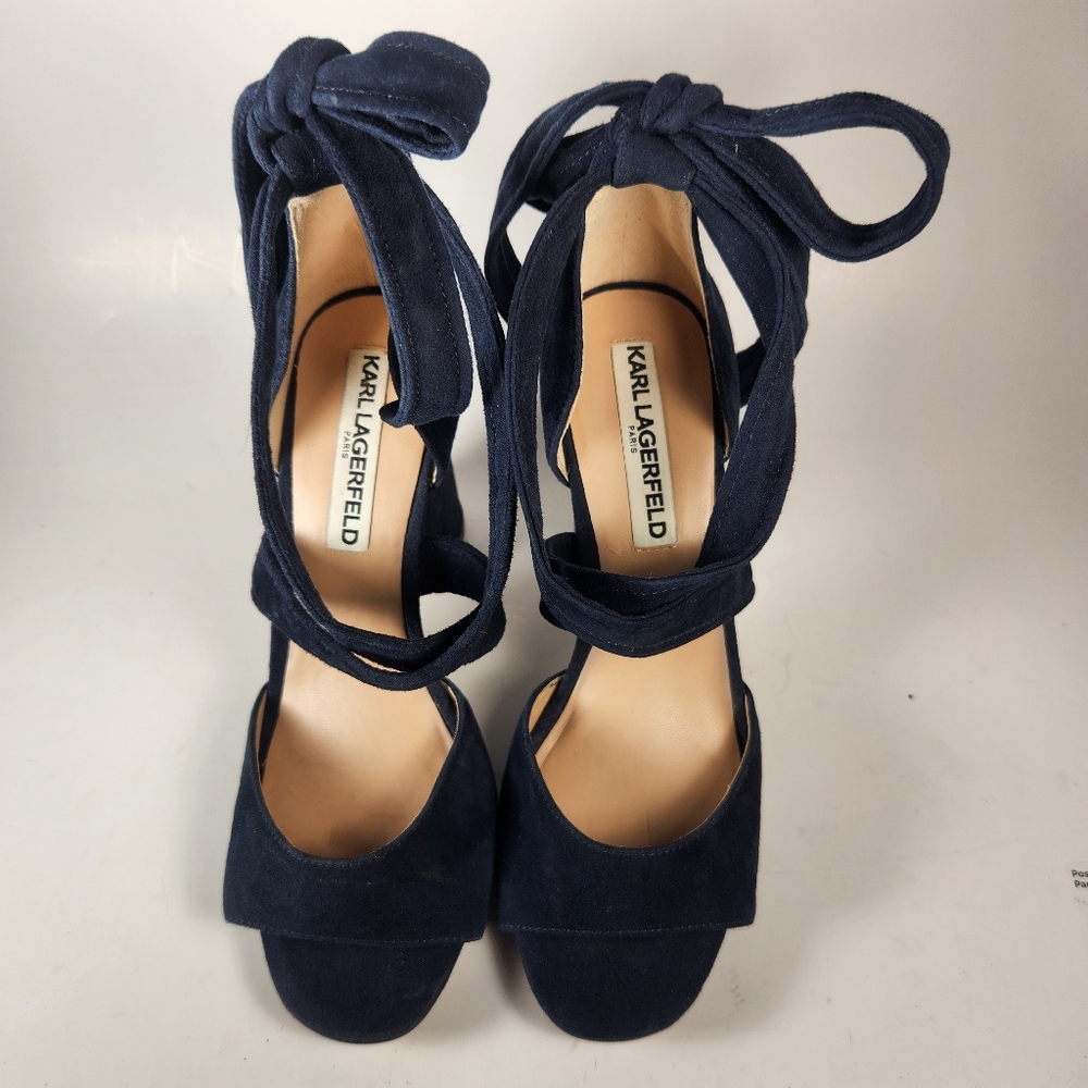 KARL LAGERFIELD Racha Shoe Womens 6 EU 36 Navy Block Heel Suede Event Date Nite - Picture 11 of 12